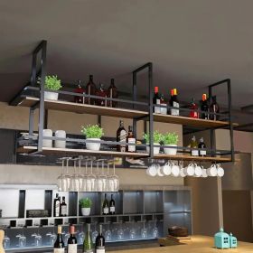Hanging Bar Shelves with Glass Holder – Iron & Wood Dual-Tier Design