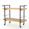 Industrial Bar Cart with Wood Shelves & Locking Casters – Modern Home Entertaining "Natural"