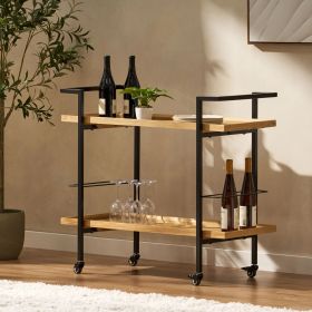 Industrial Bar Cart with Wood Shelves & Locking Casters – Modern Home Entertaining "Natural"