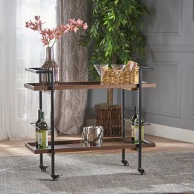 Industrial Bar Cart with Wood Shelves & Locking Casters – Walnut Finish