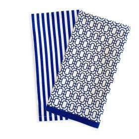 Newport Garden Gate & Pinstripe Kitchen Towels, Mixed Set of 2 - Blue