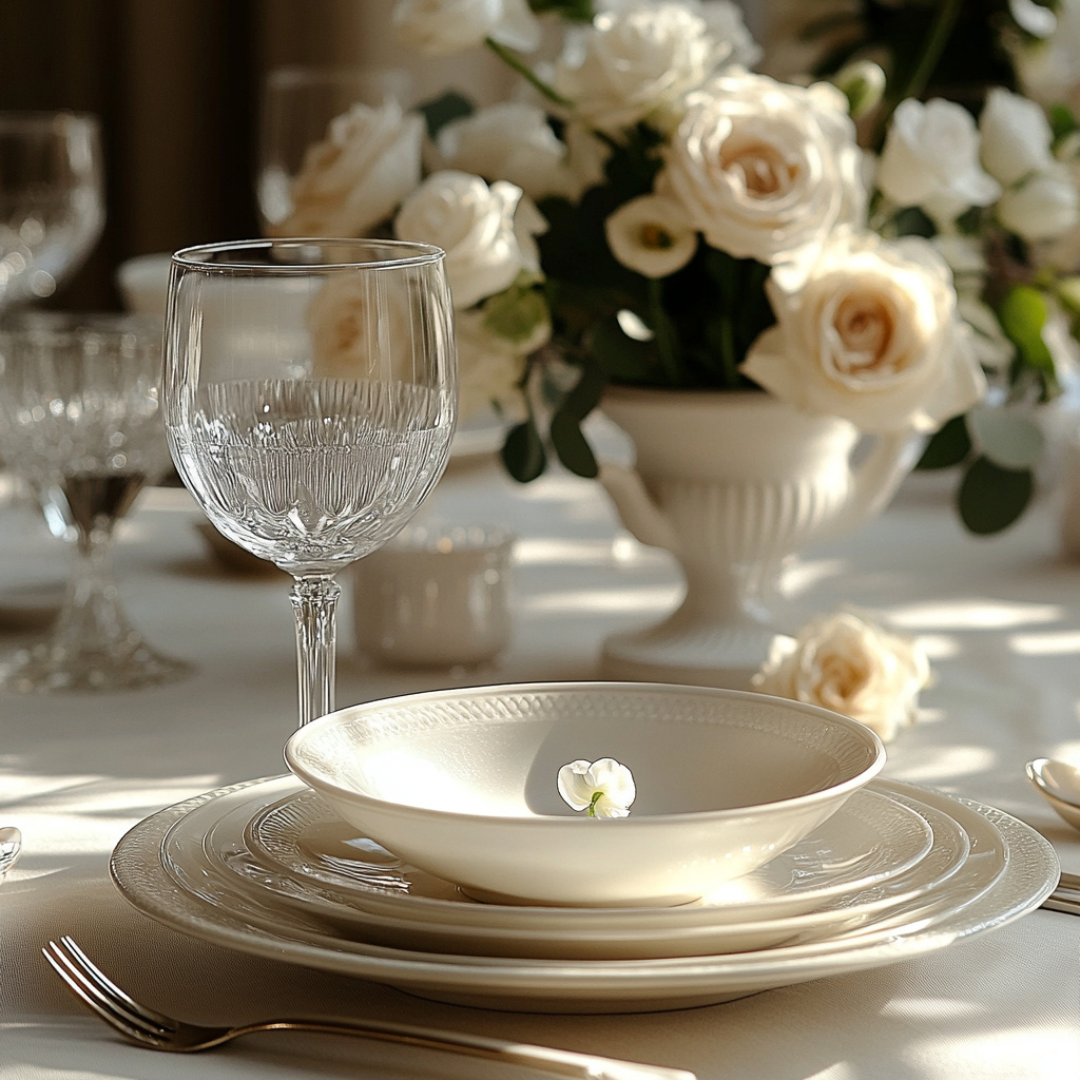 Elegant table setting featuring layered ivory plates, a delicate flower resting in the bowl, and a clear etched wine glass, with a soft floral centerpiece of cream roses in the background.