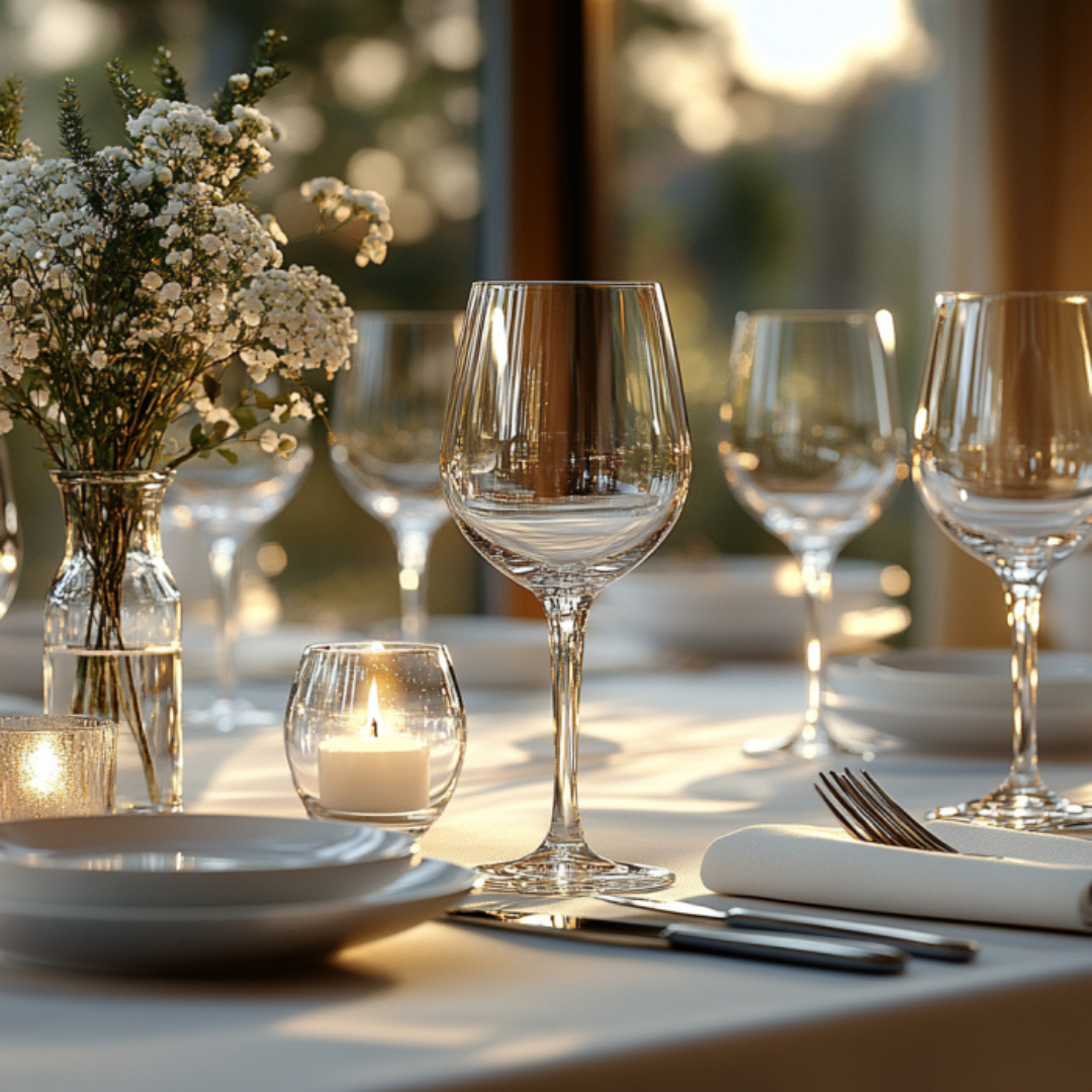 Minimalist table setting featuring crystal wine glasses, stacked white dinnerware, a lit votive candle, and a simple vase of baby's breath flowers, all glowing softly in the warm natural light.