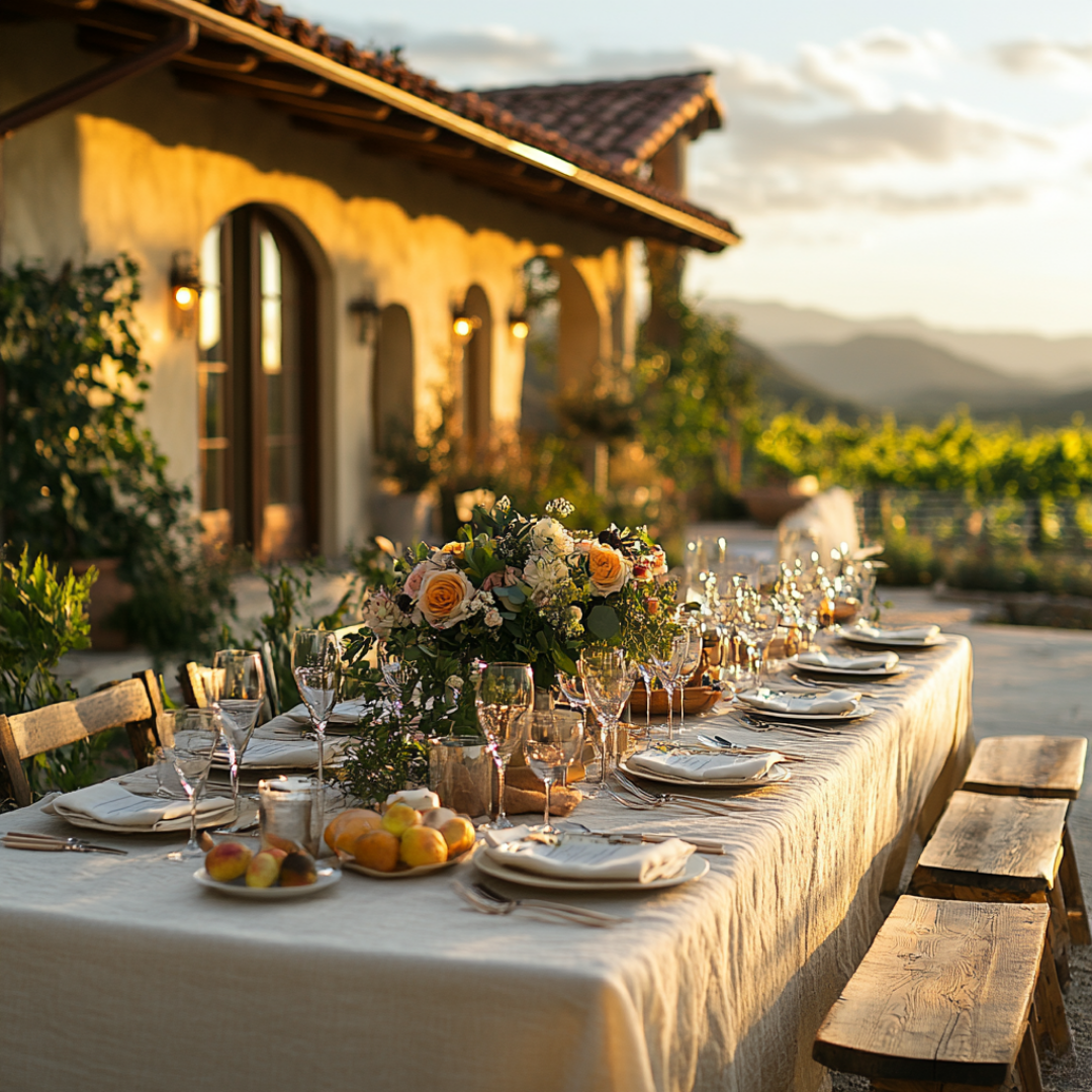Charming outdoor dinner party setup at sunset, featuring a long rustic table draped in a natural linen tablecloth and surrounded by wooden benches. The table is set with elegant white dinnerware, crystal glassware, and linen napkins, with a central floral arrangement of peach roses and greenery. Plates of fresh fruit and flickering candles add warmth and abundance. The background reveals a vineyard and rolling hills, bathed in golden light beside a Mediterranean-style villa. 