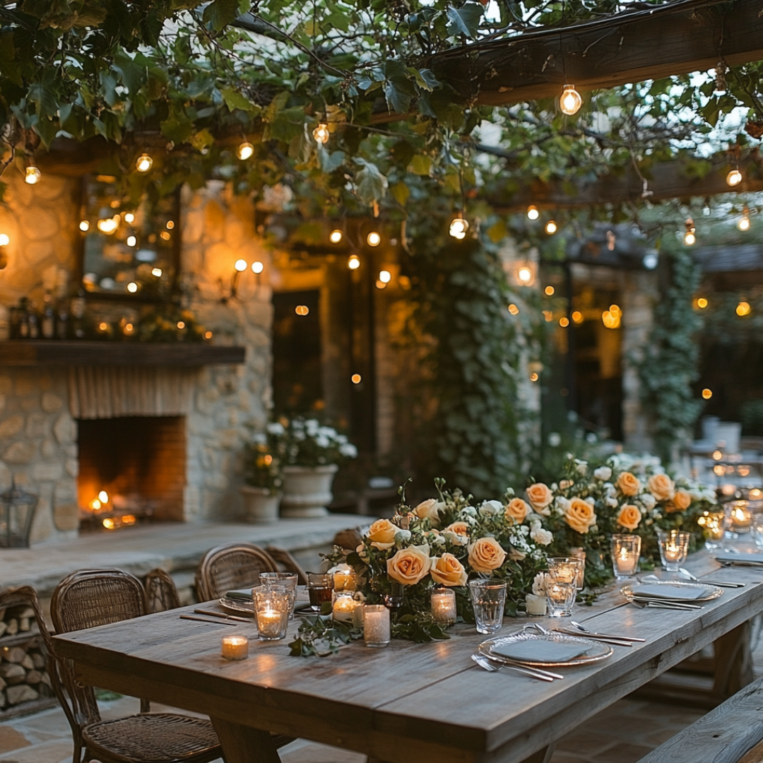 Cozy outdoor dining scene set on a rustic stone patio beneath a pergola draped in greenery and string lights. A wooden table is beautifully arranged with peach roses, white florals, and glowing votive candles in glass holders. Wicker chairs surround the table, and a stone fireplace with a gentle fire adds warmth and ambiance. The setting evokes a romantic, Tuscan-inspired evening perfect for an intimate dinner gathering.