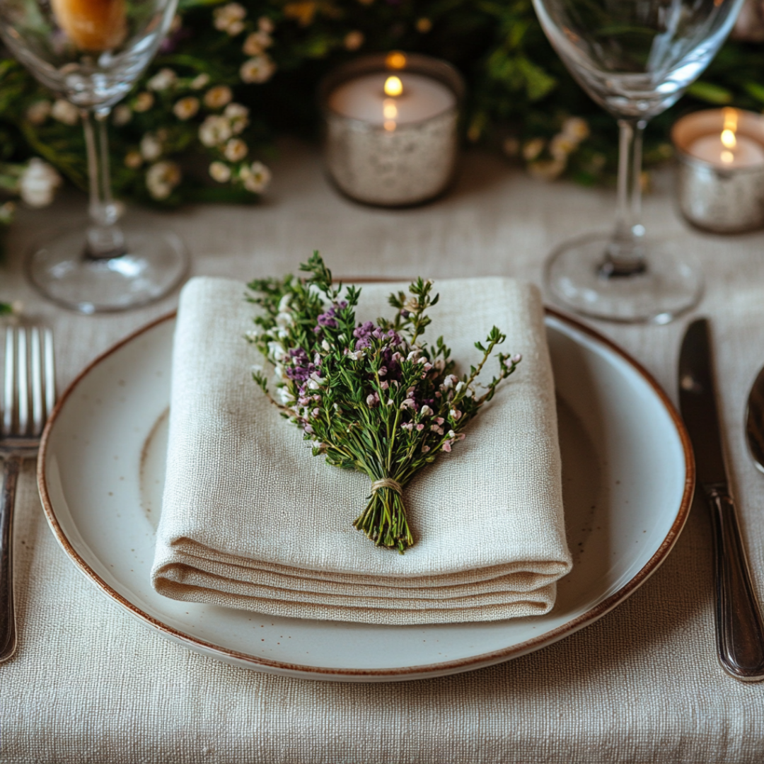 Close-up of an elegant place setting featuring a neutral-toned ceramic plate with a neatly folded linen napkin, topped with a small bundle of fresh herbs and delicate wildflowers tied with twine. Surrounded by polished silverware, wine glasses, and softly glowing votive candles, the scene exudes a warm, rustic charm perfect for a cozy garden or farmhouse-style dinner gathering.