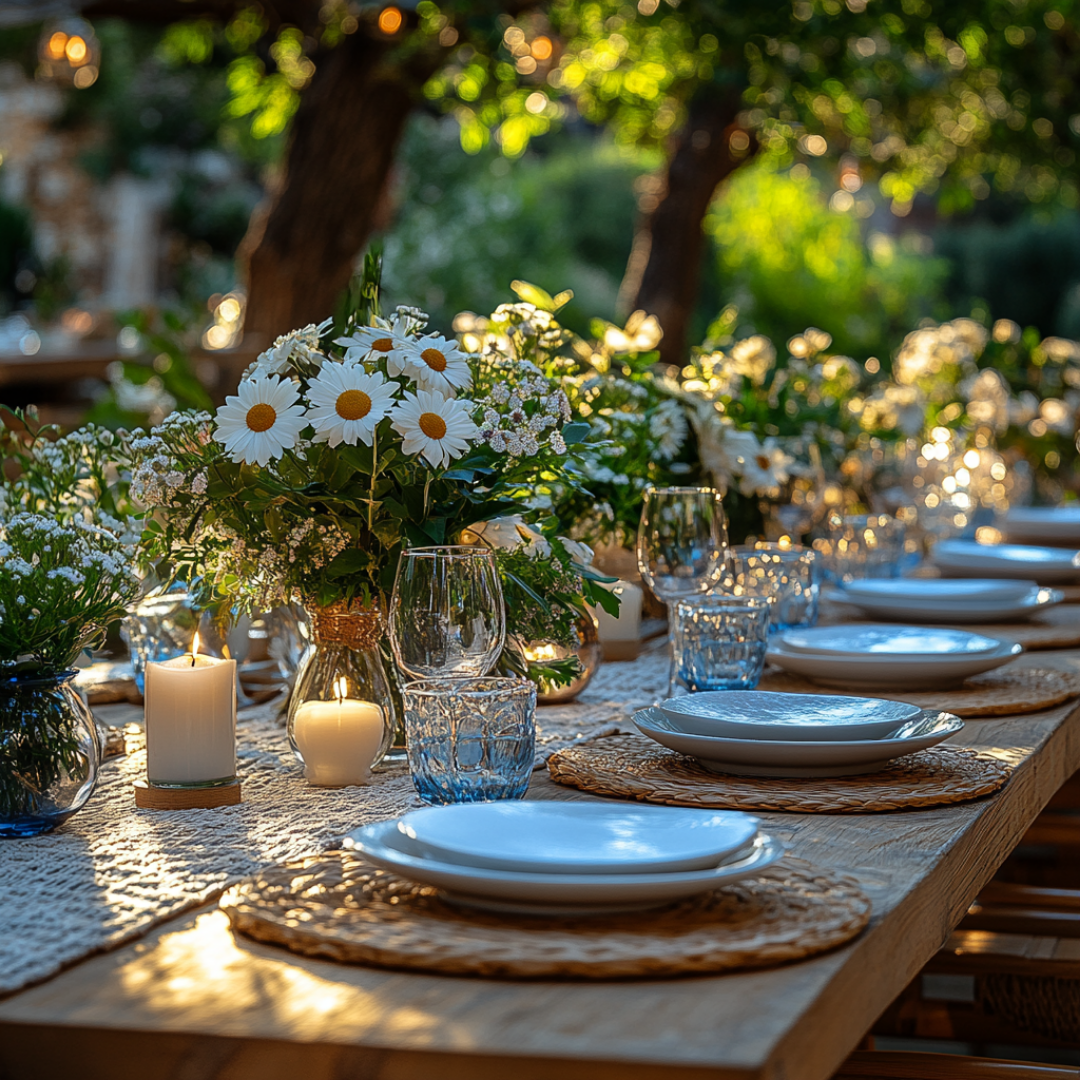 Charming outdoor dinner table set beneath trees, styled with woven placemats, white dinnerware, and clear glassware. The table features cheerful floral arrangements of white daisies and greenery in glass vases, accompanied by glowing pillar candles that add warmth to the rustic setting. Dappled sunlight filters through the leaves, creating a relaxed and inviting summer evening ambiance perfect for a garden gathering.