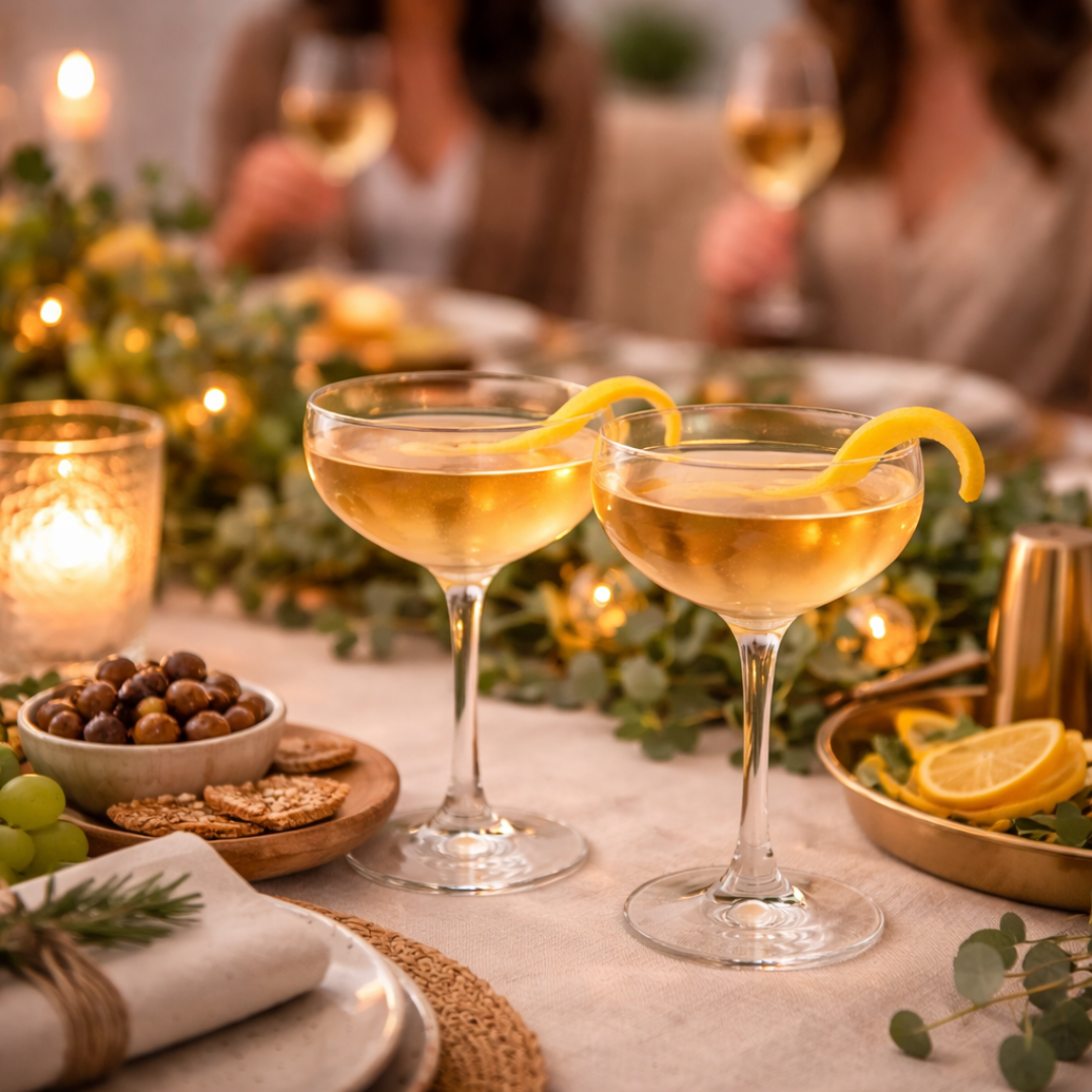 Two coupe glasses with citrus garnishes set on a warmly lit table, surrounded by candles, greenery, and small bites, creating an inviting and refined setting for an intimate gathering