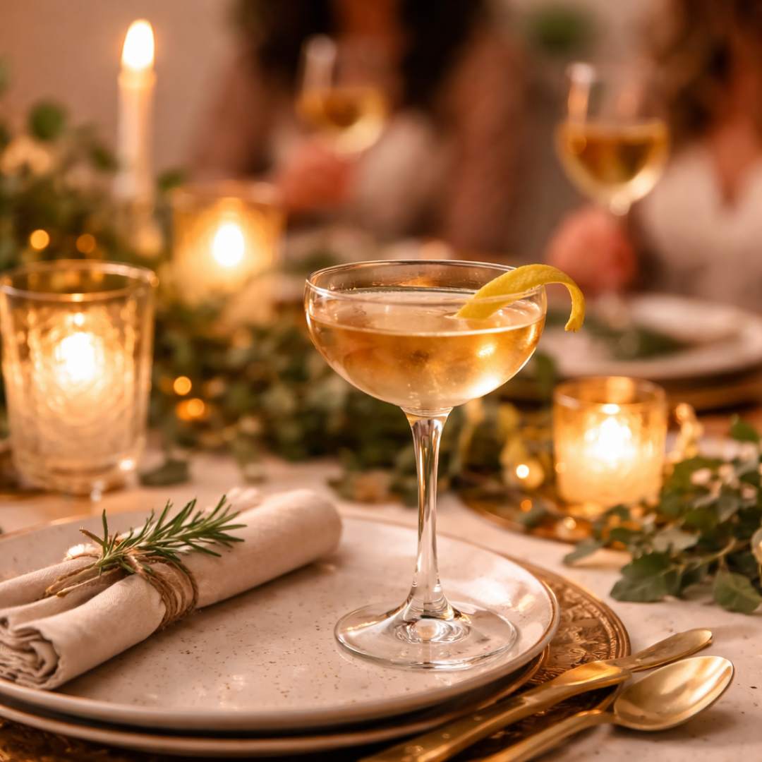 A coupe cocktail with a citrus twist set on a candlelit table, surrounded by soft greenery, warm lighting, and refined place settings for an intimate dinner atmosphere