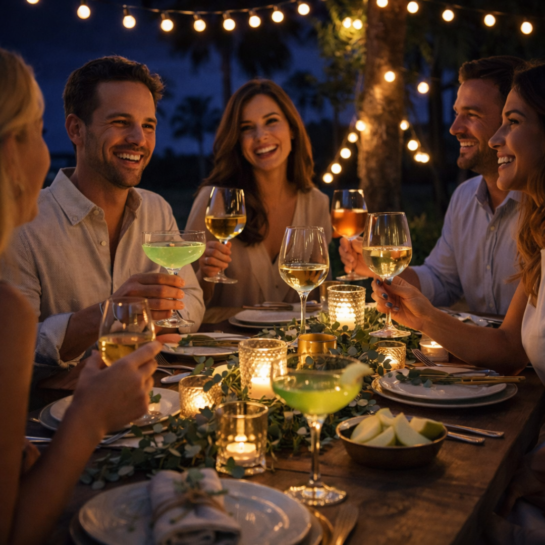 Friends gathered around a candlelit outdoor table at night, raising coupe cocktails and wine glasses, surrounded by warm string lights and greenery for a lively, intimate dinner setting