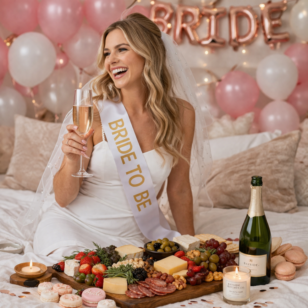 Bride-to-be smiling and holding a champagne flute, seated on a bed with a charcuterie board, surrounded by pink balloons and bridal shower decorations