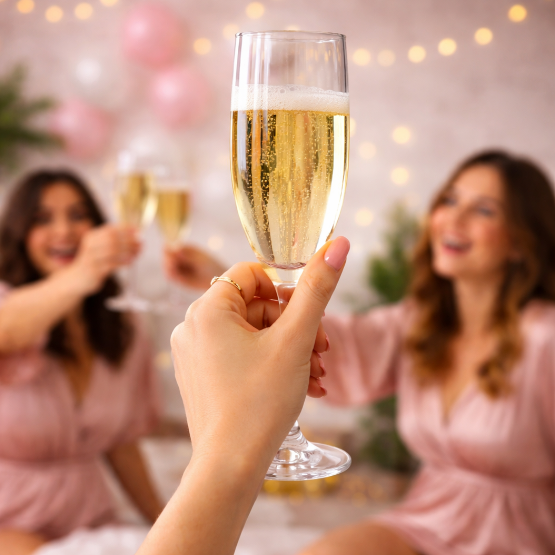 Close-up of a champagne flute being raised for a toast, with friends in soft focus celebrating in a warm, festive setting with pink tones and string lights