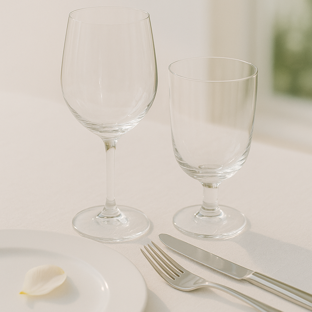 Two clear wine glasses of different shapes placed side by side on a white tablecloth, next to a neatly arranged fork and knife, with part of a white plate holding a single yellow-tipped flower petal visible in the foreground.