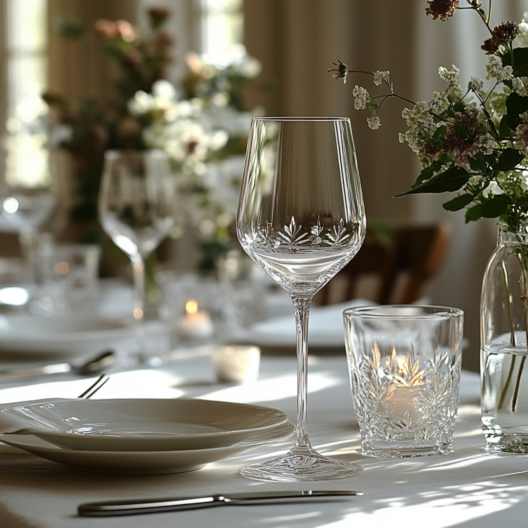 Elegant table setting featuring etched crystal wine glasses and matching water glasses, paired with white plates on a crisp white tablecloth. A small floral arrangement in a glass vase and softly glowing candlelight add warmth, while blurred greenery and natural light in the background create a refined, romantic ambiance.