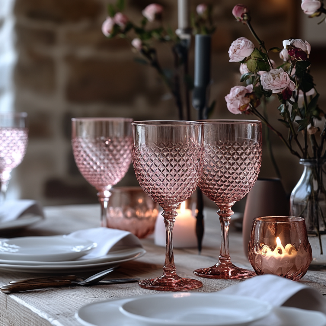 Romantic table setting featuring textured rose-colored goblets with a diamond-cut pattern, paired with white dinnerware and linen napkins. Soft candlelight from glass votives casts a warm glow, while delicate pink roses in vases add an elegant floral touch. The rustic wooden table and stone wall backdrop create a cozy, intimate atmosphere perfect for a special occasion.
