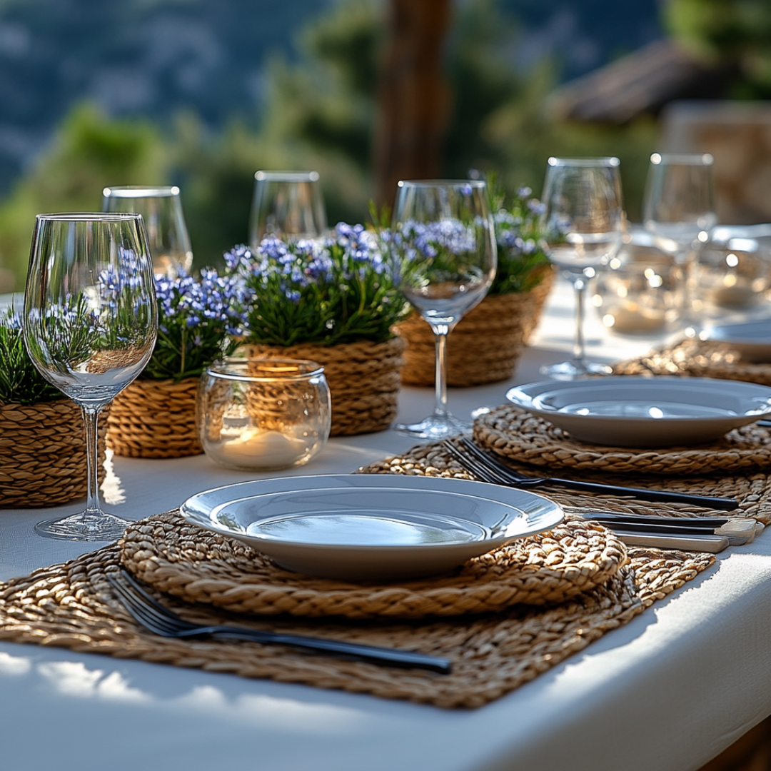 Elegant outdoor table setting with woven placemats, white plates, and empty wine glasses, accented by small woven baskets filled with purple flowers and glass votive candles. The table is bathed in warm sunlight with a scenic, blurred mountain view in the background, creating a relaxed yet sophisticated atmosphere.
