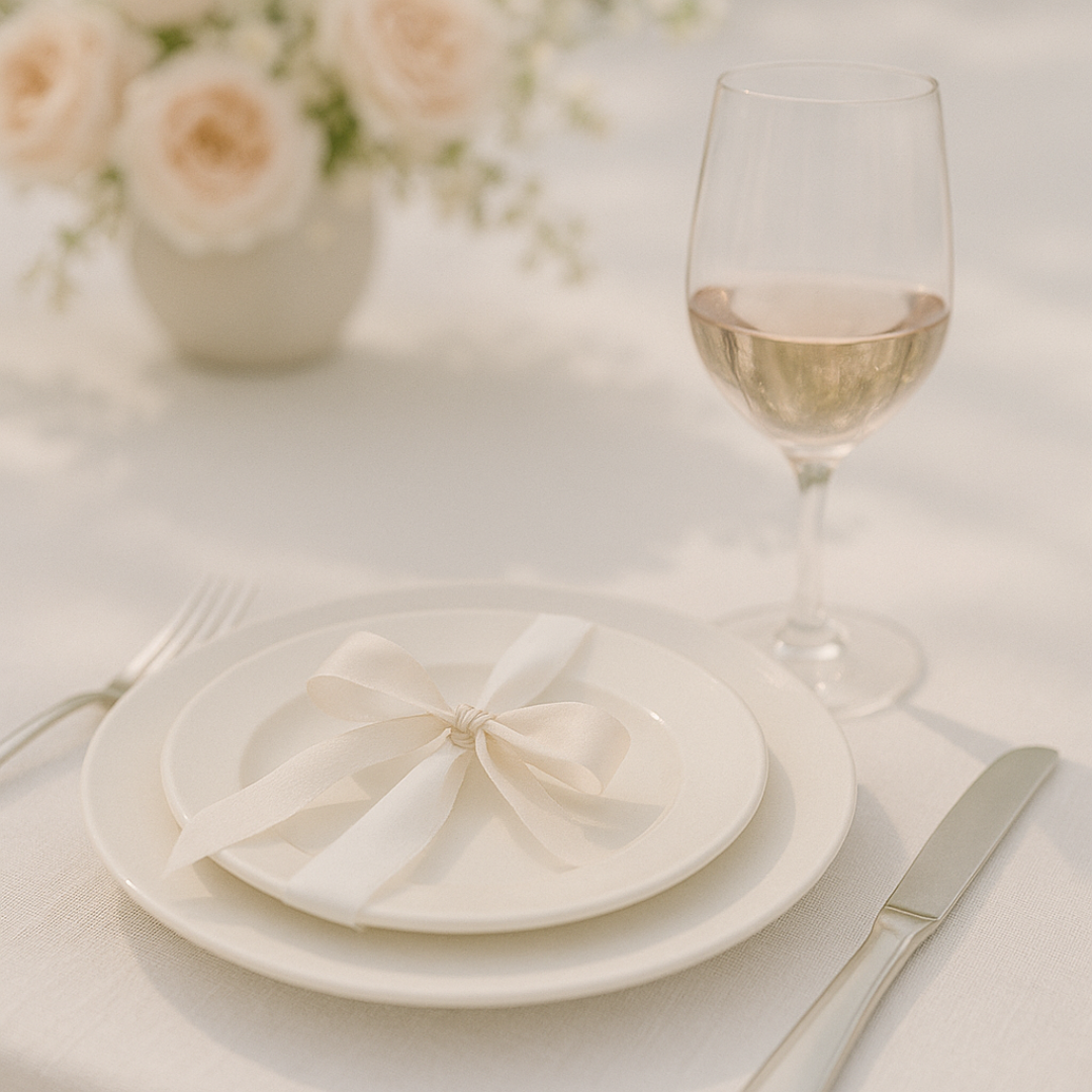 Minimalist table setting with stacked white plates, a soft ivory ribbon bow on the top plate, silver cutlery, and a glass of white wine. In the background, a blurred arrangement of blush roses adds a romantic touch to the soft, sunlit scene.