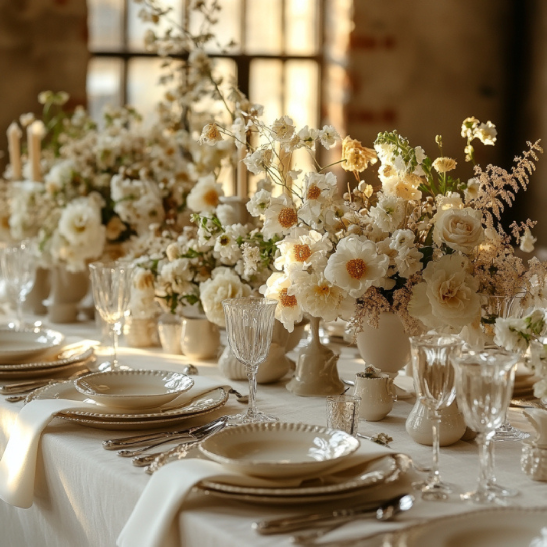 Elegant spring table setting with ivory and cream florals in ceramic vases, delicate glassware, and beaded-edge dinnerware, bathed in warm natural light for a romantic, refined dining experience.