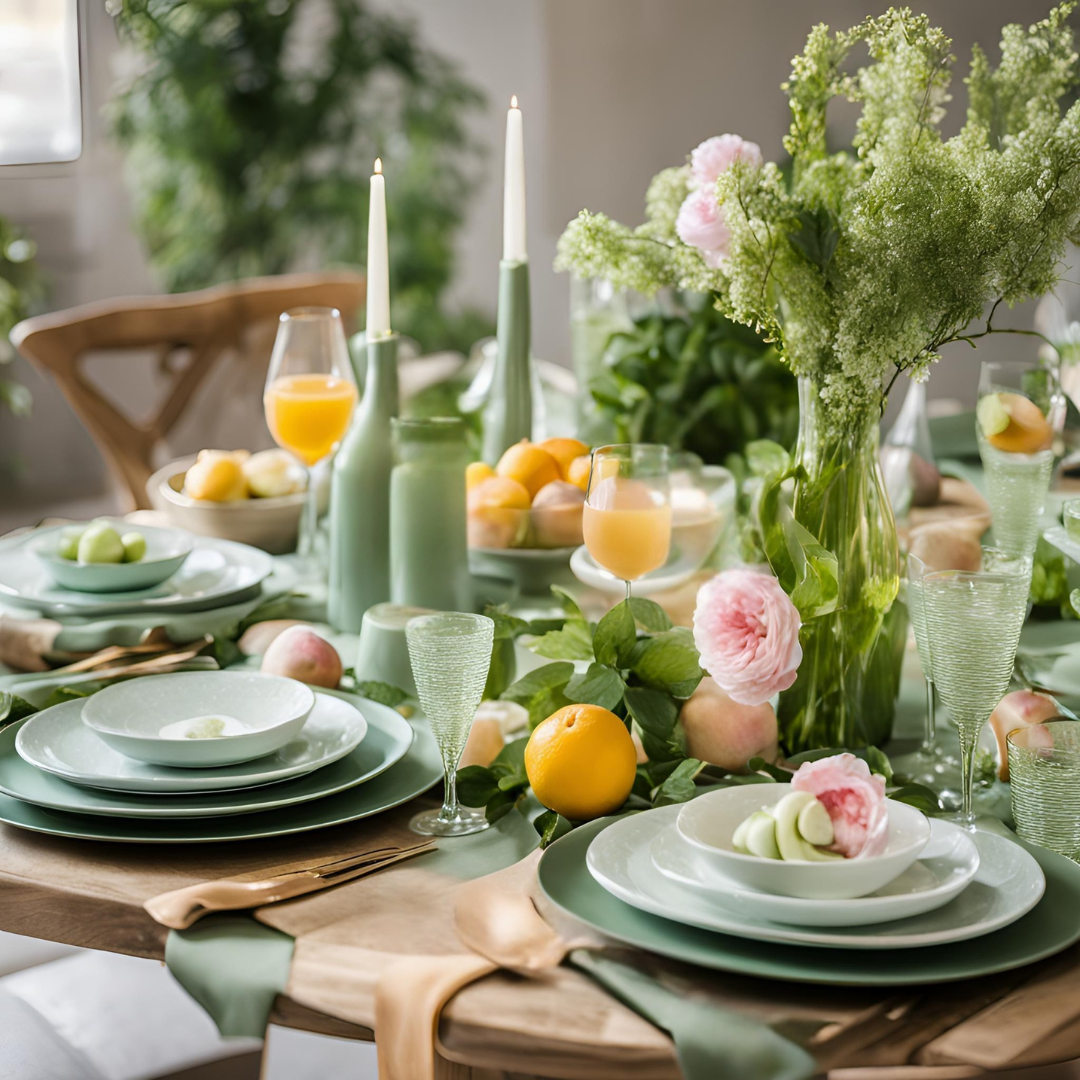 Elegant table setting for a special occasion featuring soft green dinnerware, gold flatware, and delicate glassware, accented with fresh citrus fruits, pink garden roses, and lush greenery. Tall green taper candles and vibrant floral arrangements add a refined, seasonal touch to the inviting tablescape.