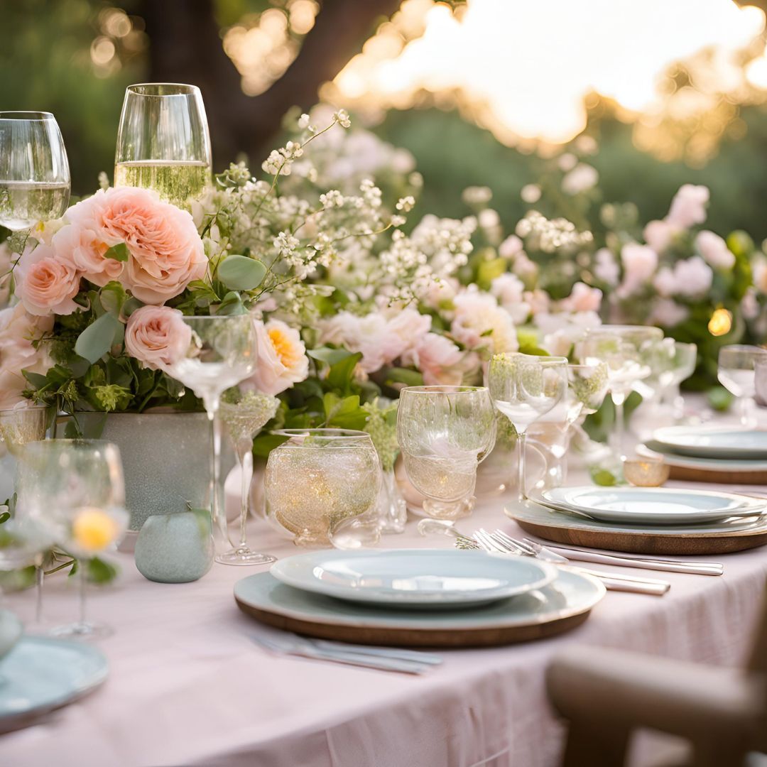 A romantic outdoor table setting at sunset, featuring soft pastel decor and elegant floral arrangements. The table is dressed in a blush pink tablecloth and set with light blue plates on wooden chargers, accompanied by delicate glassware and silver cutlery. Lush bouquets of pale pink roses, white baby's breath, and greenery cascade down the center of the table, creating a dreamy, garden-party ambiance perfect for a spring or summer celebration.