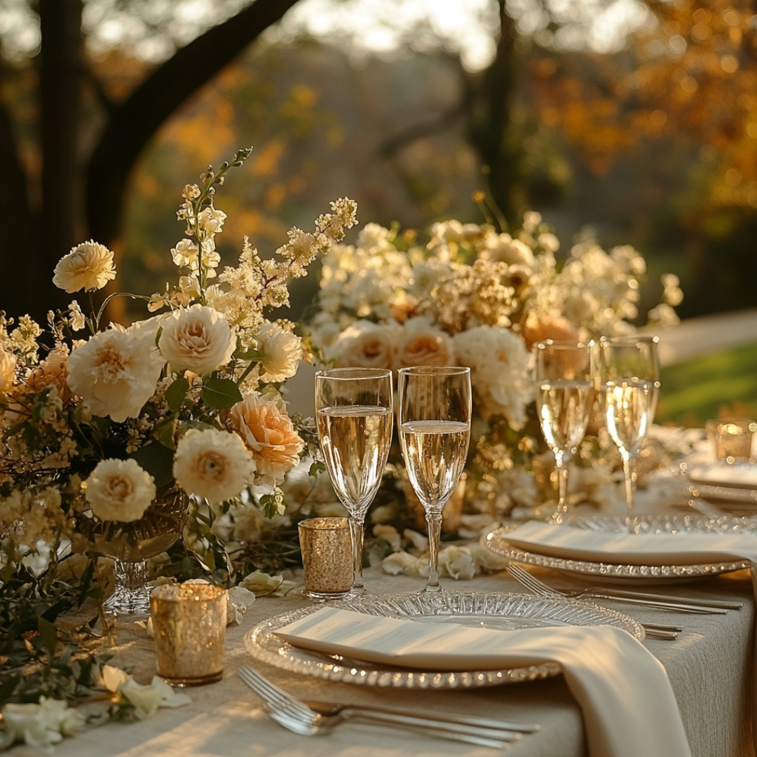 Elegant outdoor table setting bathed in golden hour light, featuring clear glass charger plates with beaded rims, neatly folded cream napkins, and champagne flutes filled with sparkling wine. The table is adorned with lush floral arrangements in soft ivory and peach tones, accented by greenery and gold votive candles. A blurred background of trees and warm sunlight creates a romantic, sophisticated ambiance perfect for a celebration or wedding reception.
