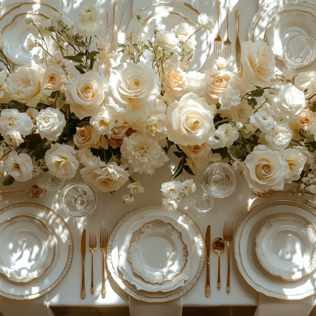 Elegant table setting with layered white and gold-rimmed china, crystal glassware, and gold flatware, arranged beneath a lush centerpiece of ivory and cream roses, peonies, and delicate filler flowers. Soft dappled sunlight filters across the table, creating a romantic, refined ambiance perfect for a wedding, formal celebration, or luxury dining experience. Elegant table setting with layered white and gold-rimmed china, crystal glassware, and gold flatware, arranged beneath a lush centerpiece of ivory and cream roses, peonies, and delicate filler flowers. Soft dappled sunlight filters across the table, creating a romantic, refined ambiance perfect for a wedding, formal celebration, or luxury dining experience.
