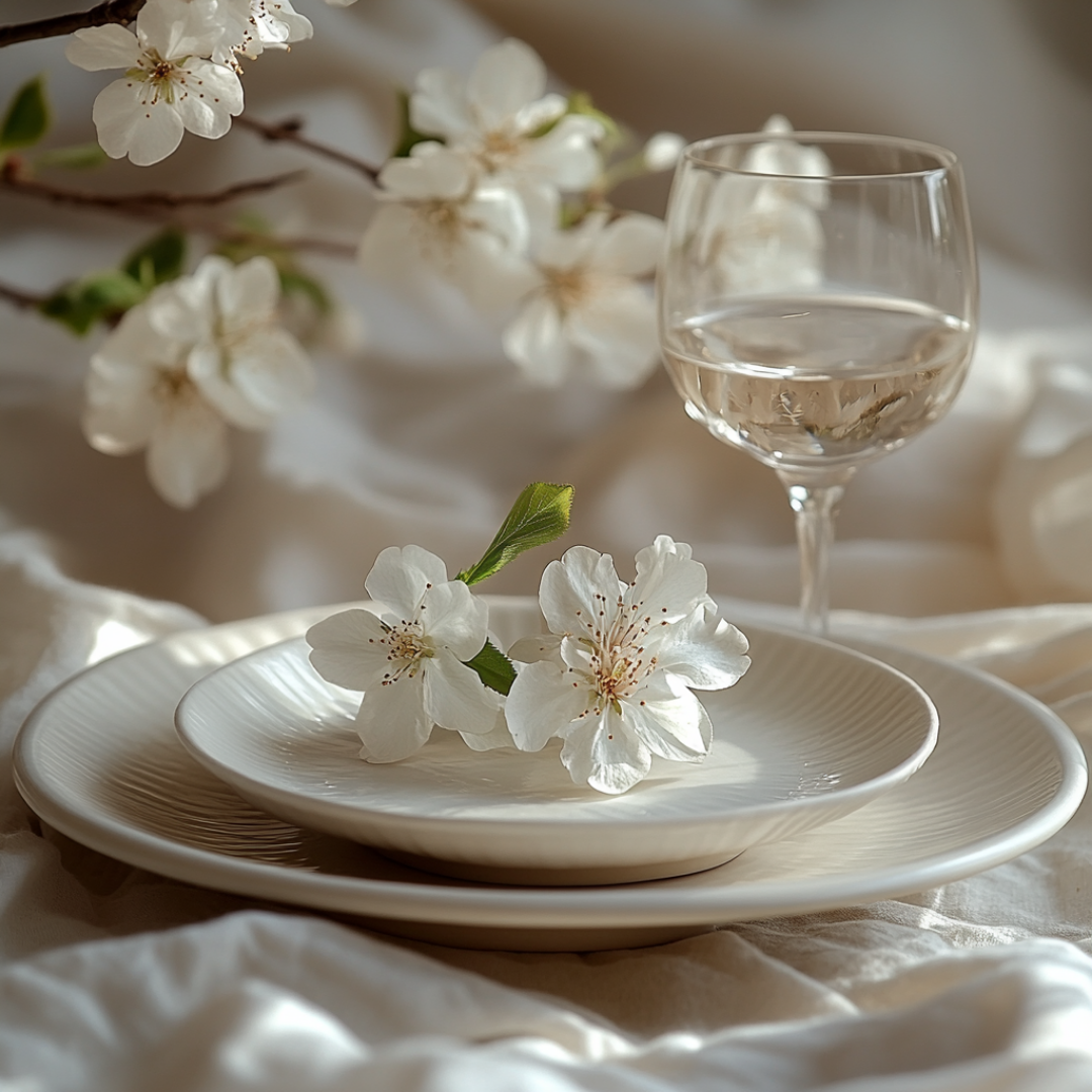 Elegant spring-inspired table setting featuring stacked white textured plates adorned with delicate white cherry blossom flowers. A glass of white wine sits nearby, and soft natural light filters across the cream-colored fabric backdrop, creating a serene and romantic atmosphere.