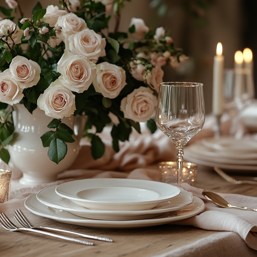Elegant romantic table setting featuring stacked white plates, a crystal wine glass, and soft blush pink linens draped across a rustic wooden table. A lush arrangement of pale pink roses in a white vase serves as the centerpiece, surrounded by glowing candles and delicate tableware, creating a warm and intimate atmosphere perfect for a special celebration.