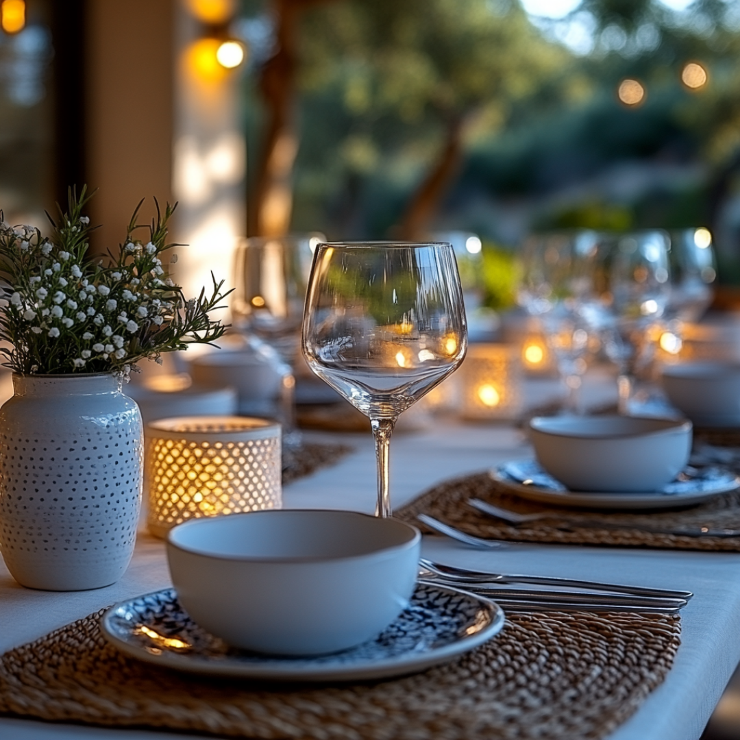 Cozy outdoor evening table setting featuring woven placemats, patterned ceramic plates, and minimalist white bowls. Wine glasses and silverware are neatly arranged, while warm candlelight from decorative lanterns creates a welcoming glow. A small ceramic vase with sprigs of rosemary and delicate white flowers adds a fresh, natural touch. The blurred background of trees and ambient lighting enhances the intimate, relaxed atmosphere.