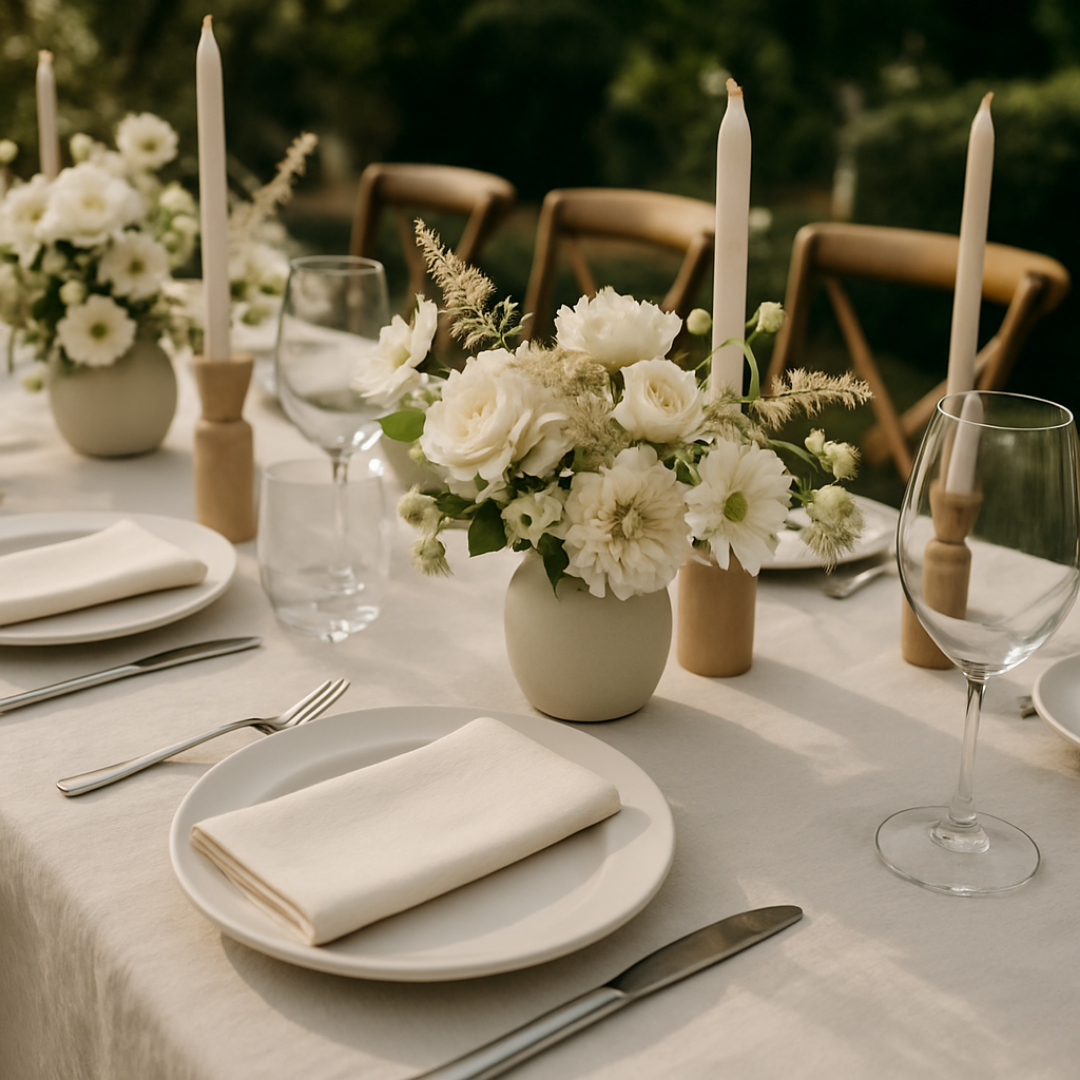 Minimalist outdoor table setting with a neutral linen tablecloth, featuring simple white plates, neatly folded ivory napkins, and clear wine glasses. Small matte vases filled with white roses, dahlias, and greenery serve as centerpieces, complemented by tall white taper candles in wooden holders. Wooden chairs and a lush garden backdrop create a serene, elegant atmosphere perfect for an intimate gathering.