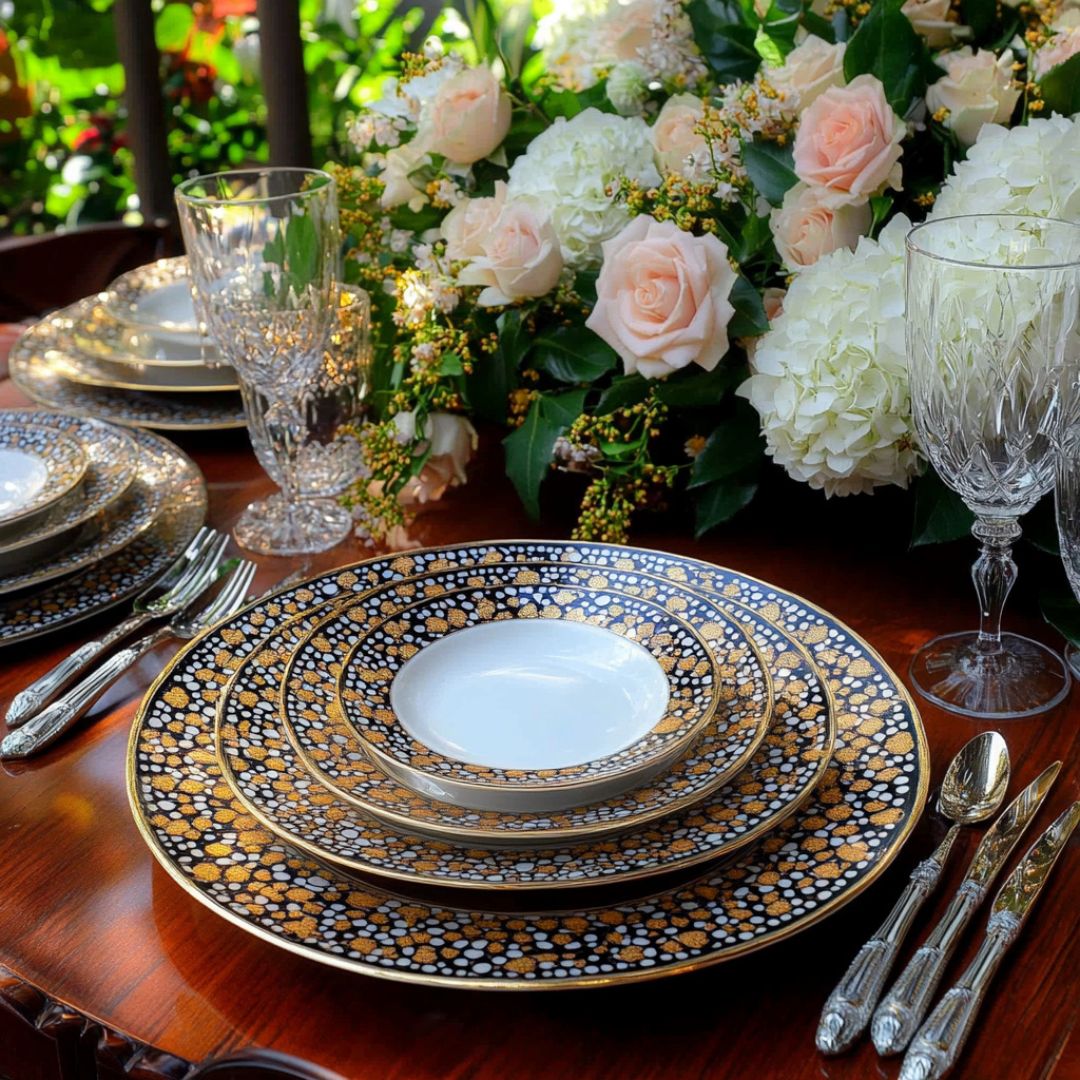 A luxurious outdoor table setting featuring an elegant dinnerware set with intricate white and gold patterns. The plates are neatly stacked in descending sizes, surrounded by ornate silver cutlery and crystal glassware. A lush floral arrangement of blush roses, white hydrangeas, and greenery adds a romantic, garden-inspired touch to the rich wooden table. Sunlight filters through the leaves in the background, enhancing the festive and sophisticated ambiance.