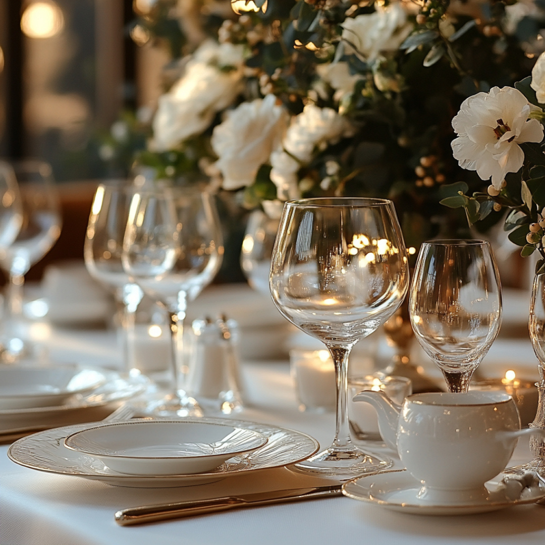 Close-up of a candlelit evening table setting featuring gold-rimmed white china, elegant wine glasses, a porcelain teacup, and lush white floral arrangements, creating a romantic and refined ambiance.