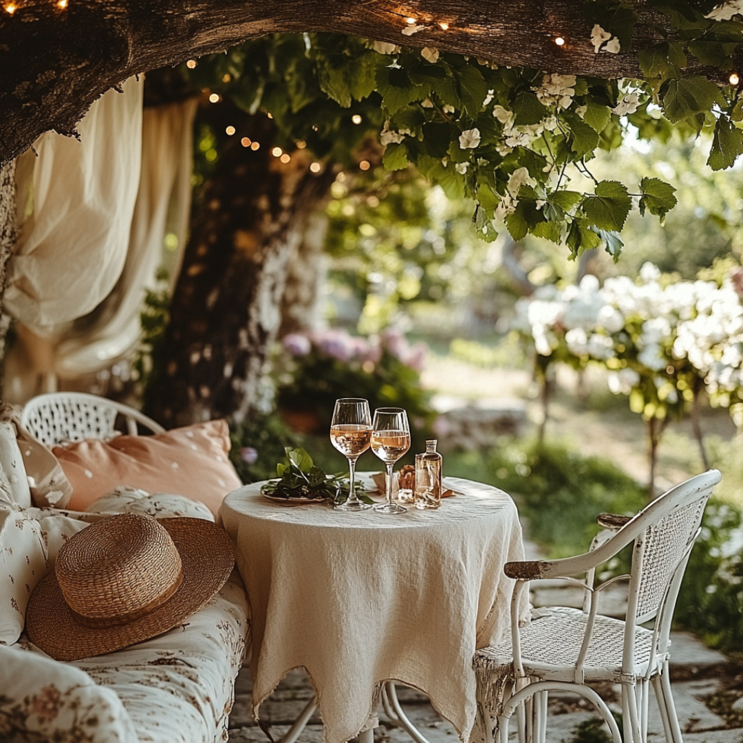 Charming garden scene with a round bistro table draped in linen, set with two glasses of rosé and a small bottle, nestled under a vine-covered tree with twinkling string lights. A cozy cushioned bench, a straw hat, and blooming flowers create a serene, romantic outdoor retreat.