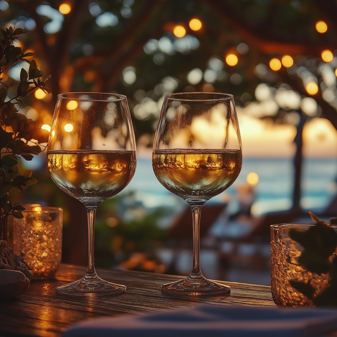 Two wine glasses filled with a golden drink rest on a wooden table at sunset, surrounded by glowing votive candles and blurred string lights. The ocean view and soft bokeh lighting create a romantic, relaxed atmosphere perfect for an evening by the beach.