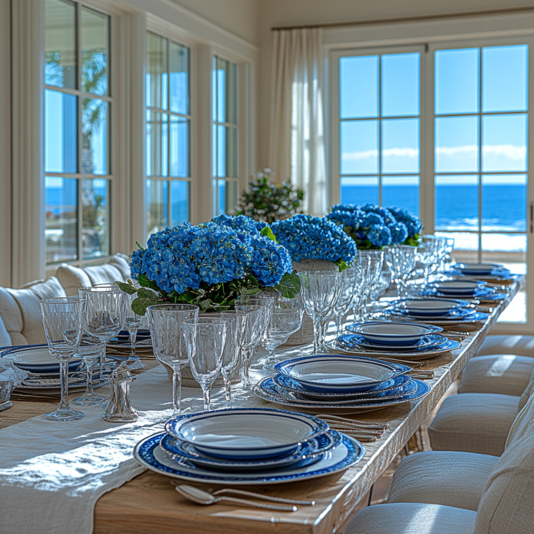 Elegant coastal dining room with a long table set for a formal gathering, featuring blue and white dinnerware, ribbed glassware, and silver cutlery. Blue hydrangea centerpieces run the length of the table, with large windows offering a stunning ocean view in the background.