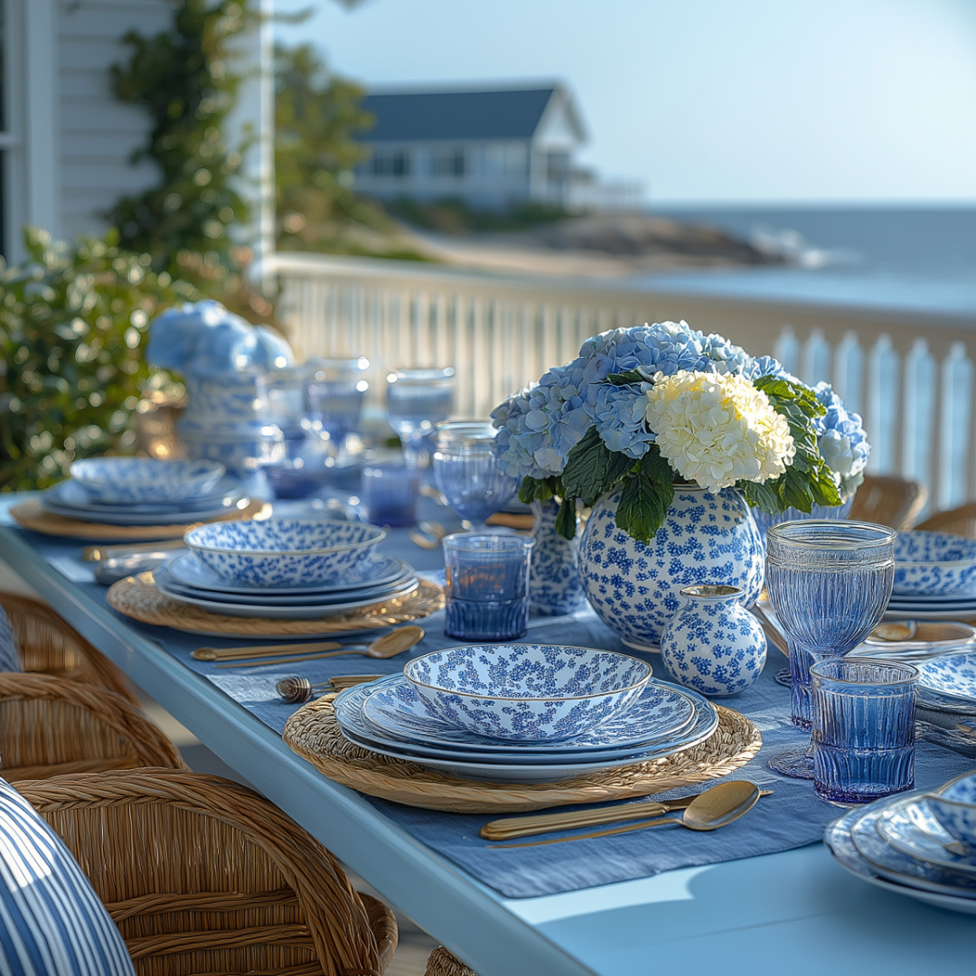 Elegant coastal tablescape set for a summer gathering, featuring blue and white floral-patterned dinnerware, ribbed glassware, and gold flatware on a blue table runner. A large bouquet of blue and white hydrangeas in a matching vase adds a fresh, seasonal centerpiece. The table overlooks a serene beach view with wicker chairs completing the relaxed yet refined setting.