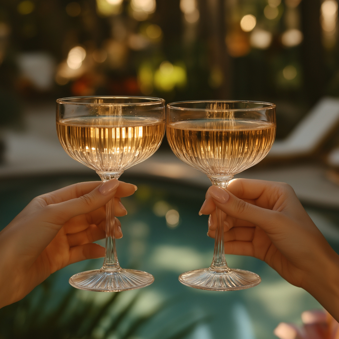 Two hands toasting with elegant ribbed coupe glasses filled with golden sparkling wine, set against the backdrop of a softly lit poolside evening. The warm lighting and reflections create a relaxed, celebratory summer mood.