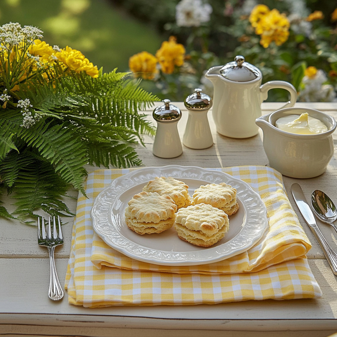 Charming summer breakfast setup featuring a white plate with freshly baked biscuits on a yellow gingham napkin. Surrounded by ferns, yellow flowers, and white ceramic serveware with butter and cream, the table is set outdoors in a sunlit garden for a cozy seasonal morning.