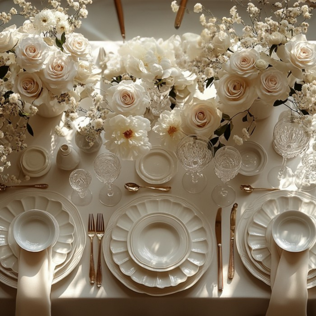 Elegant formal table setting featuring layered ivory scalloped plates, crystal glassware, and gold flatware on a soft cream tablecloth. Neutral-toned napkins are tucked into each bowl. The table is adorned with lush floral arrangements of white and blush roses, peonies, and baby’s breath, creating a luxurious and romantic ambiance perfect for a wedding or upscale event. Natural sunlight highlights the soft textures and refined details.