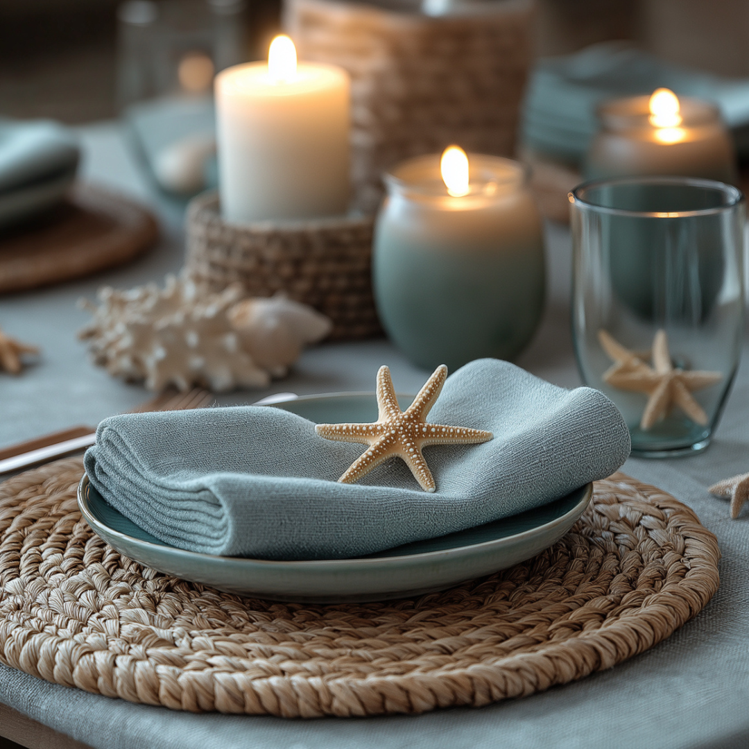 Coastal-inspired summer table setting with a seafoam green napkin topped with a starfish, placed on a ceramic plate and woven placemat. Surrounded by glowing candles, seashell accents, and soft ocean-toned decor, the ambiance is calm, elegant, and beachy.