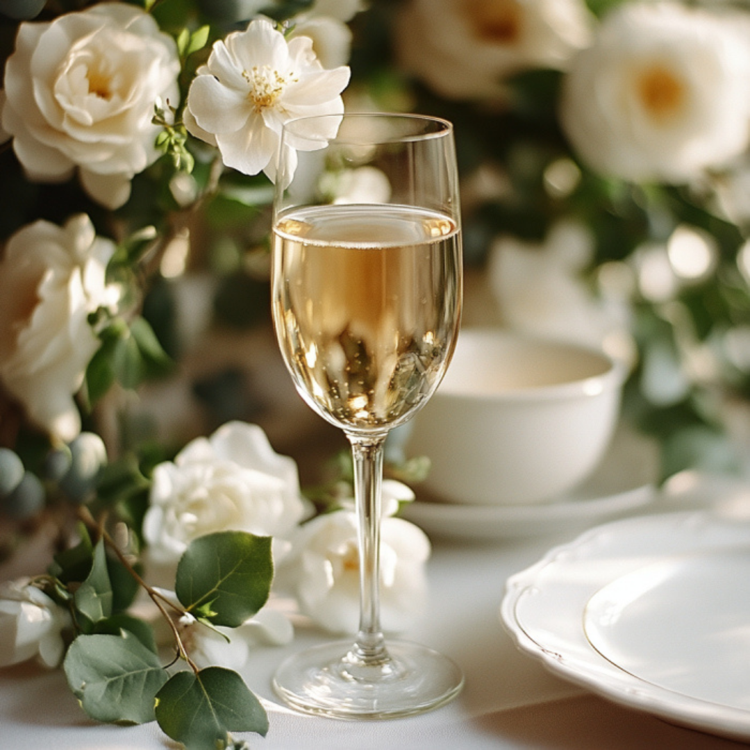 Elegant champagne flute filled with sparkling wine, surrounded by soft white garden roses and lush green foliage. The table setting features fine white china with scalloped edges, creating a refined and romantic spring ambiance.