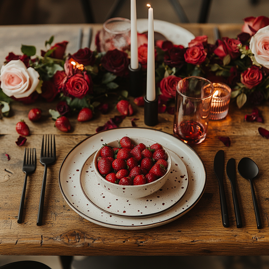 Romantic table setting featuring a rustic wooden table with speckled ceramic plates and a bowl of fresh strawberries, surrounded by red and pink roses, lit candles, and black matte flatware.