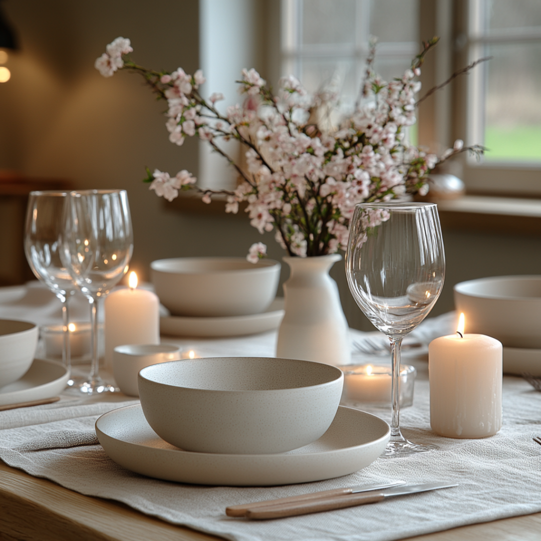Elegant spring table setting featuring neutral-toned stoneware dishes, clear wine glasses, and soft white candles on a textured linen tablecloth. A ceramic vase filled with blooming cherry blossoms adds a delicate seasonal touch, with natural light streaming through a nearby window.