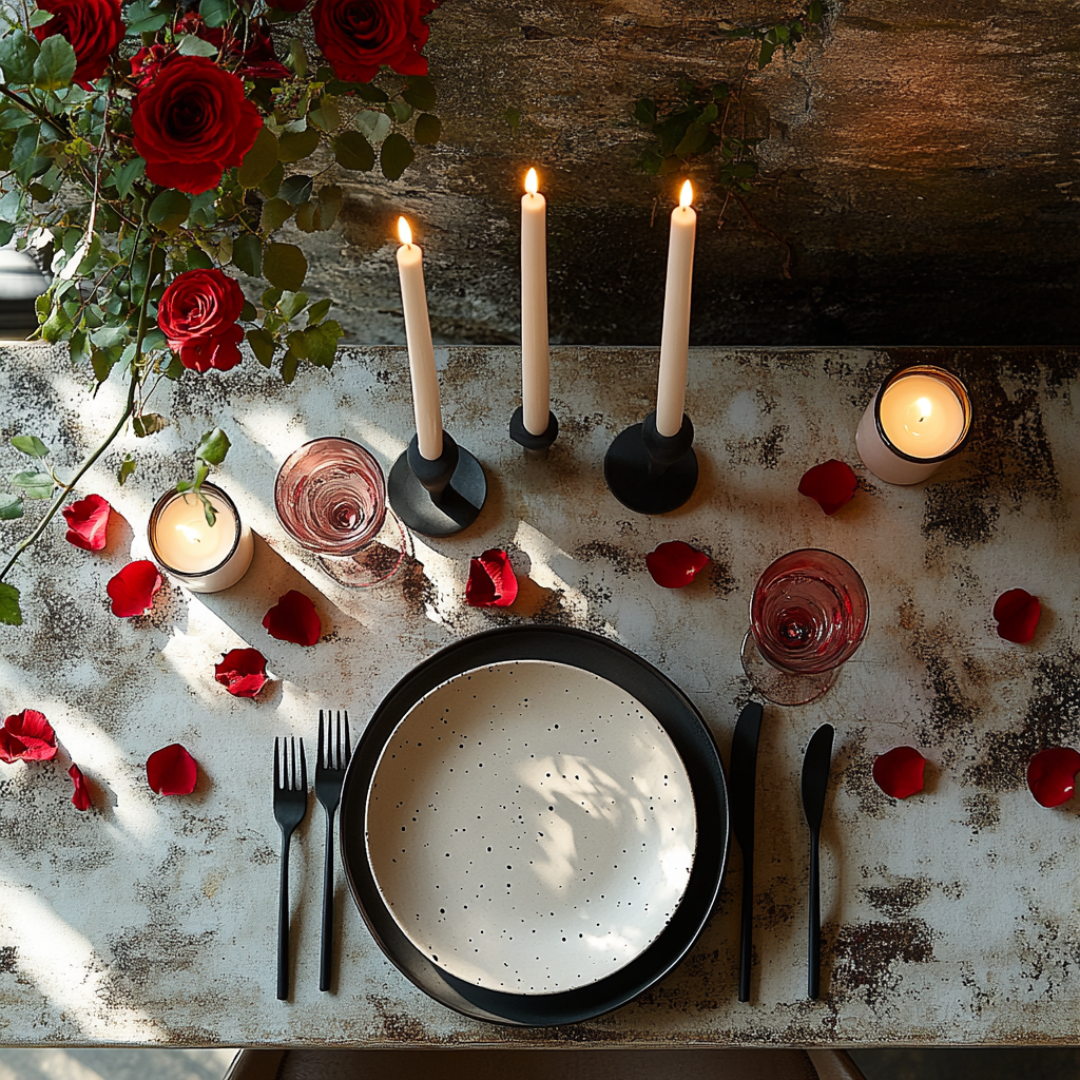 Romantic table setting featuring a rustic white surface adorned with scattered red rose petals, black flatware, speckled ceramic dinnerware, and pink-tinted glassware. Three tall white taper candles in black holders and two votive candles add a warm glow. A lush arrangement of red roses hangs above the table, completing the intimate, candlelit atmosphere.