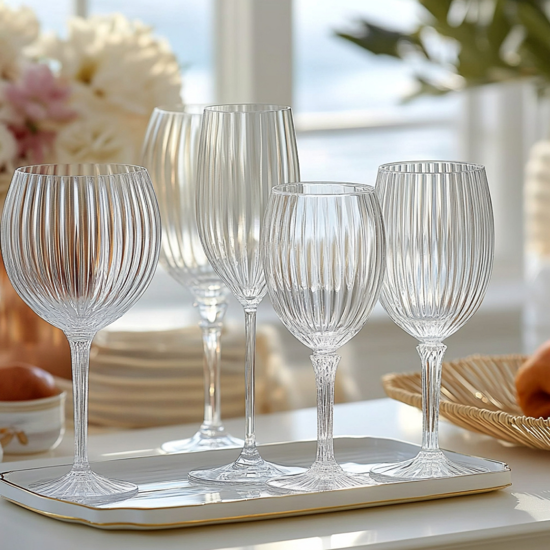 Elegant set of five clear ribbed glass goblets and wine glasses displayed on a rectangular white tray with gold trim. The glasses vary slightly in shape and size, all featuring vertical fluted detailing. Soft natural light streams in through nearby windows, highlighting the delicate texture of the glassware. Floral arrangements and breakfast items create a serene, refined table setting in the background.