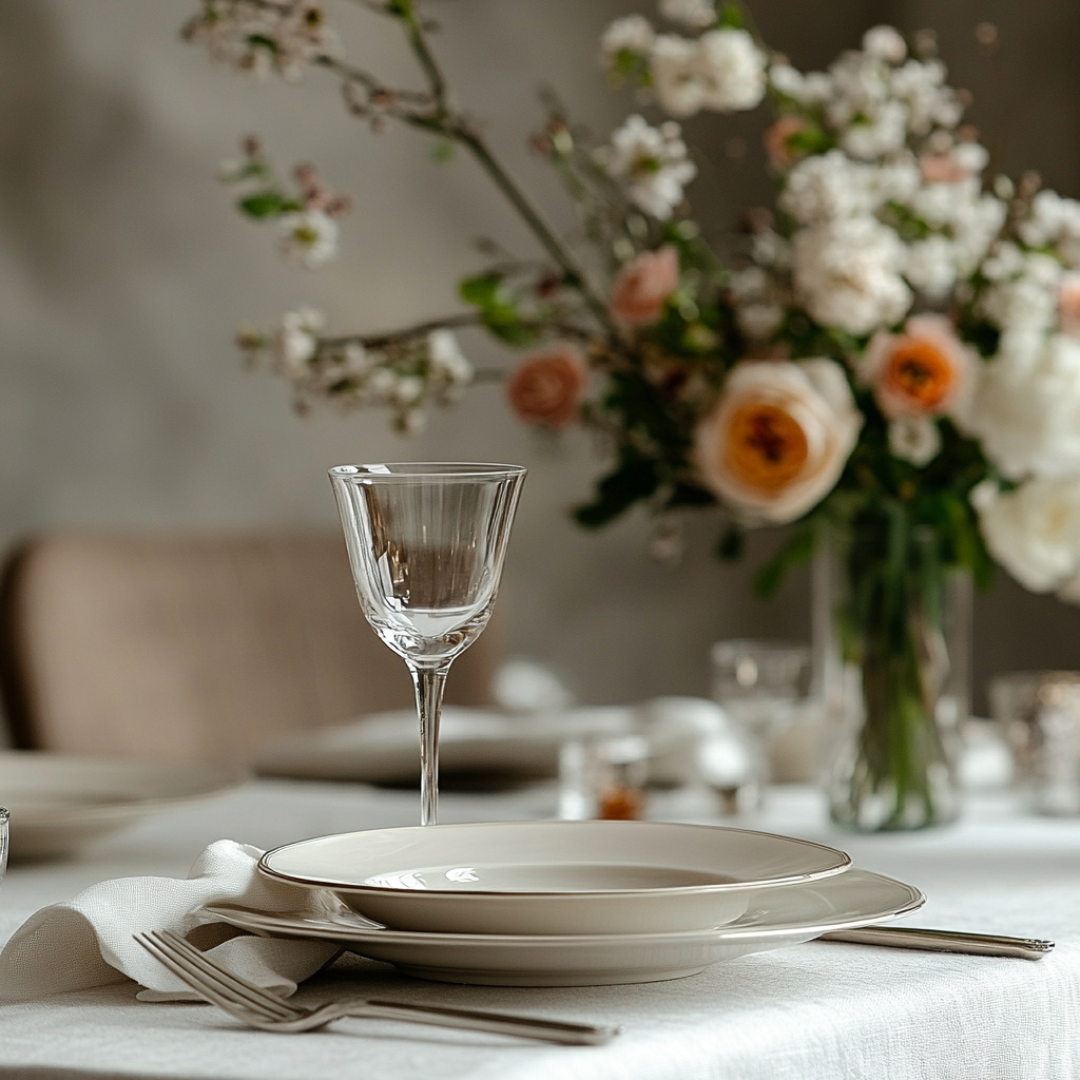 Minimalist spring table setting with stacked ivory dinnerware, a clear wine glass, and delicate floral arrangements featuring peach and white blooms, styled on a soft linen tablecloth for an elegant, understated look.