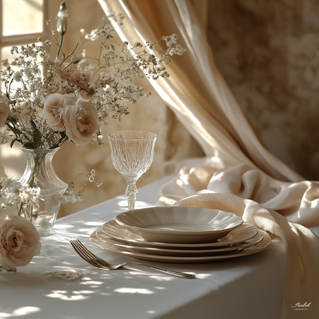  Elegant spring table setting featuring stacked ivory plates, a textured clear goblet, and a delicate vase filled with blush roses and baby’s breath, all bathed in soft golden sunlight streaming through flowing champagne-colored drapes.