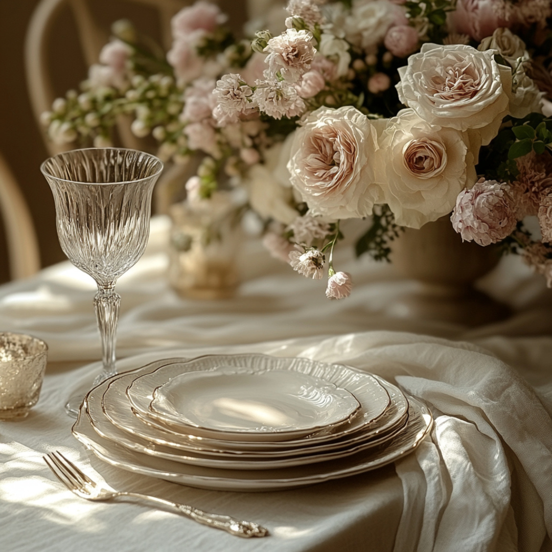 Romantic spring table setting with scalloped white china, a vintage-style crystal wine glass, and a soft ivory tablecloth, accented by a lush floral centerpiece of blush and ivory roses in golden afternoon light.