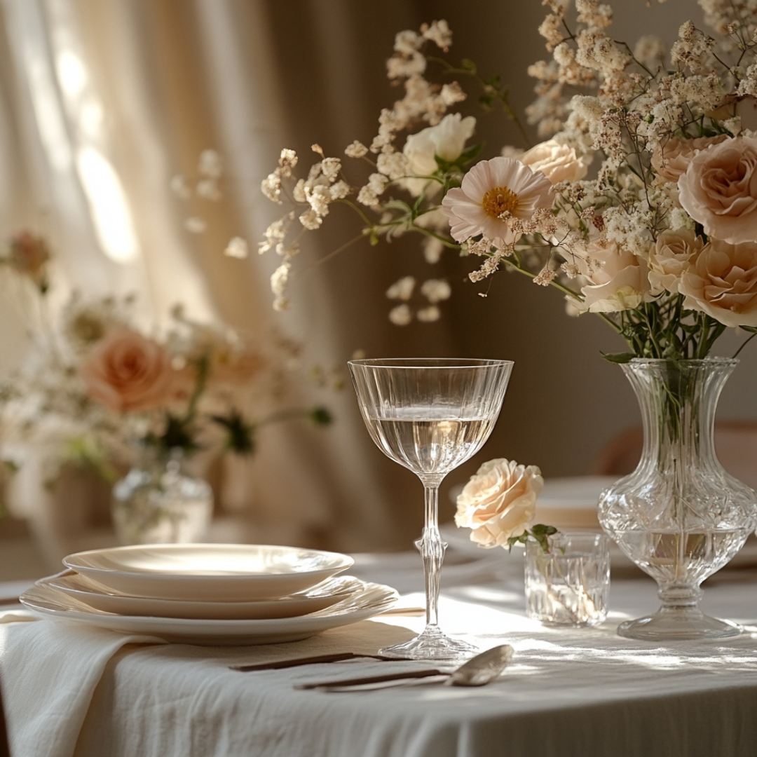 Elegant bridal shower table setting with layered white plates, a vintage coupe glass, and soft peach roses and baby's breath in crystal vases, all bathed in warm natural light through flowing curtains.