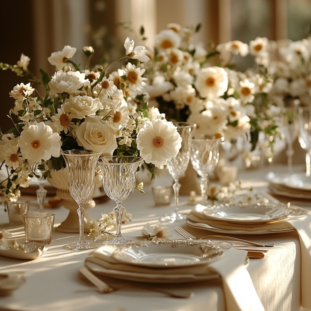 Elegant spring tablescape bathed in warm sunlight, featuring crystal glassware, ivory plates with gold accents, and lush floral centerpieces of white roses and daisies—ideal for a bridal shower or sophisticated garden celebration.